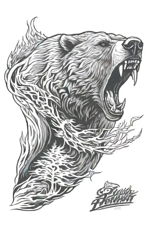 growling bear in a burning forest tattoo design idea