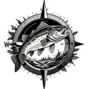Trout jumping with compass surrounded tattoo design idea