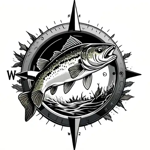 Trout jumping with compass surrounded tattoo design idea
