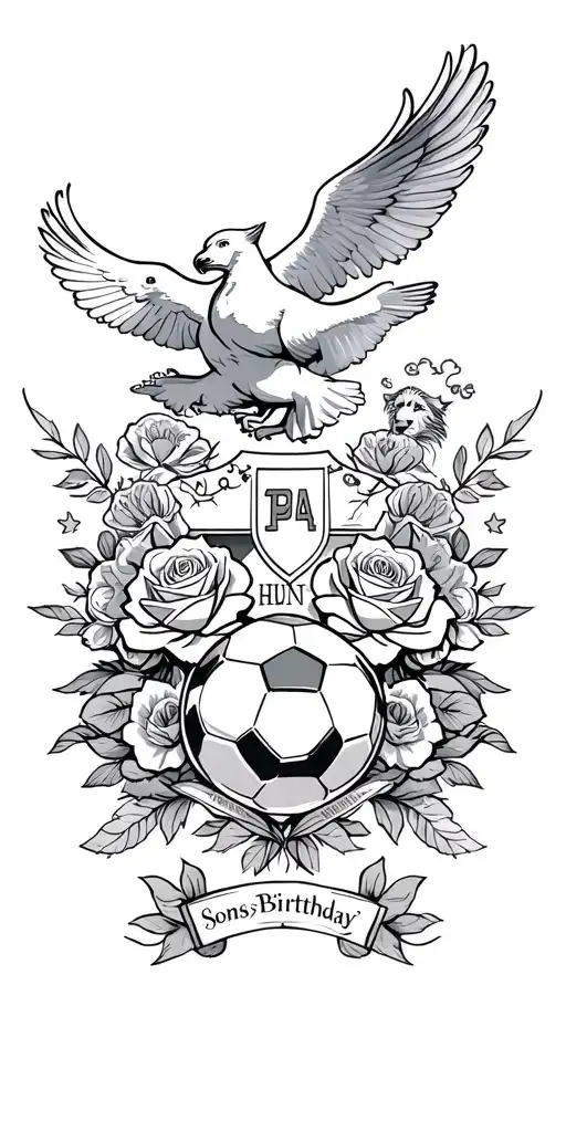 roses, soccer team in the background, lions, crest, sons birthday, doves, flowers, clouds  tattoo design idea