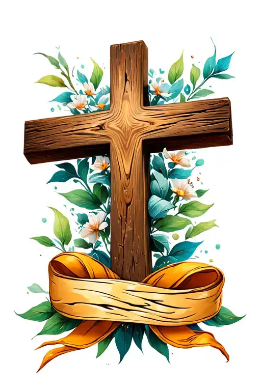 weathered wooden cross with a canter ribbon around it tattoo design idea