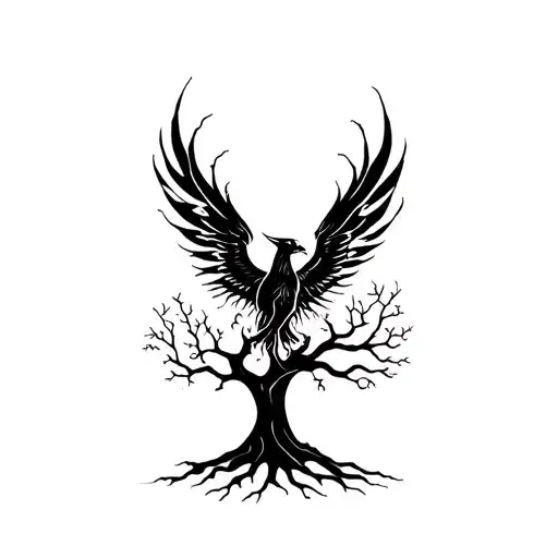 phoenix rising from tree tattoo design idea
