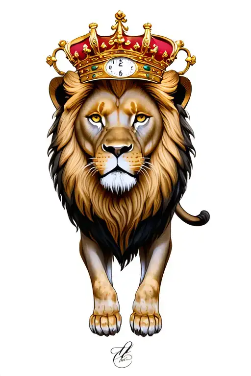 realistic lion with crown and clock tattoo design idea