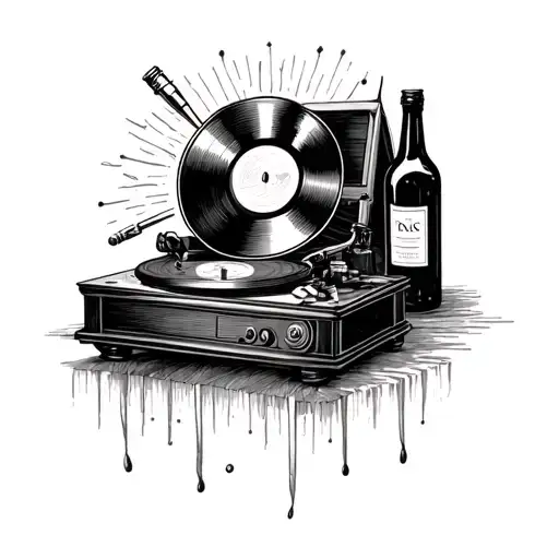 A blackwork tattoo of a vintage record player with needles injecting drugs and a bottle of alcohol, representing the client's passion for music and substances tattoo design idea