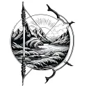 Sun in Aquarius with bow and arrow, and mountain range in background winding River. keep the lines simple  tattoo design idea