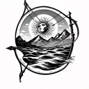 Sun in Aquarius with bow and arrow, and mountain range in background winding River. keep the lines simple  tattoo design idea