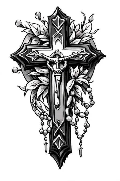cross and rosary intertwined tattoo design idea