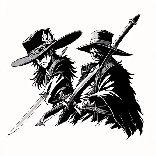 Minimalist black-line tattoo combining Portgas D. Ace’s flame or hat (One Piece), Guts with sword (Berserk), and a small tattoo design idea