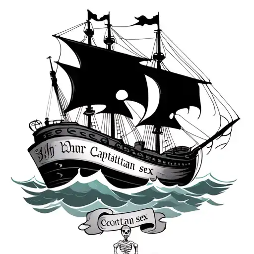 ship on sea with scroll under the ship with text "capitan sex" and in front of the ship stands skieleton capitan  tattoo design idea