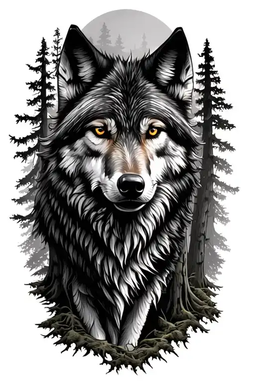 Wolf blended into redwood trees tattoo design idea
