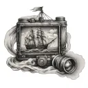 old ship being photographed by a old camera tattoo design idea