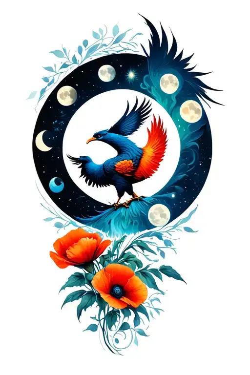 All moon phases around a phoenix with a poppy flower tattoo design idea