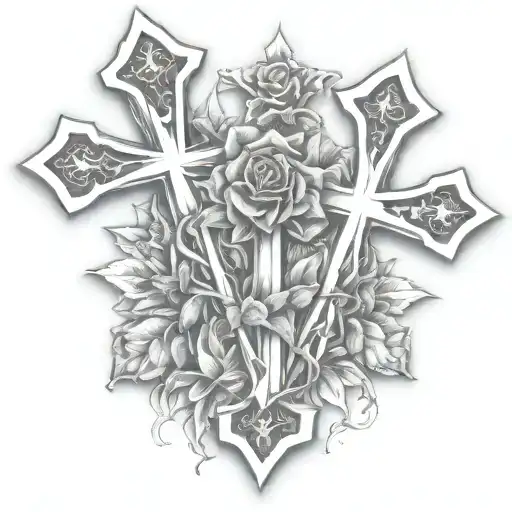 two chrome hearts crosses very close to eachother with a rose behind them tattoo design idea
