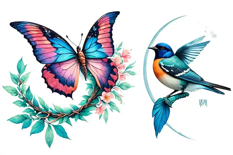 1995 1️⃣9️⃣9️⃣5️⃣ with Laurel WreathButterfly 🦋 Libra ♎️ Mermaid 🧜‍♀️ Crescent moon 🌒2 Birds (mocking Jay) 🐦‍⬛ tattoo design idea