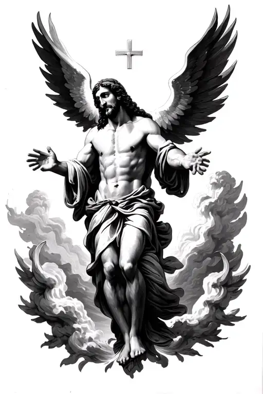An image of a dramatic scene of Jesus Christ ascending into heaven.  tattoo design idea