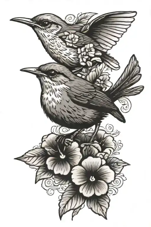 Wren bird with violets tattoo design idea