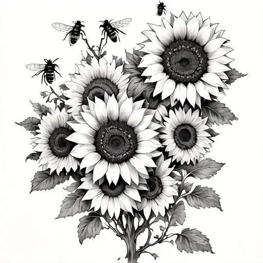 Multiple Sunflowers going down a woman spine with intertwined vines and bees feminine tattoo tattoo design idea