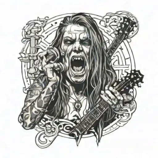 A realistic portrait of a heavy metal singer with titties as part of the background design tattoo design idea