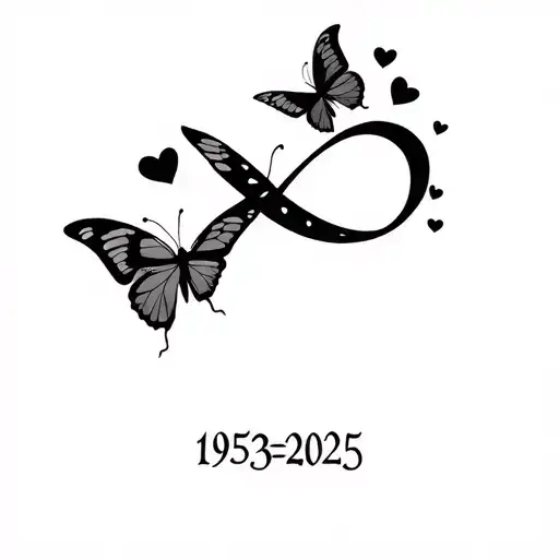"1953-2025" infinity symbol three butterflies with five small hearts (arked tattoo design idea