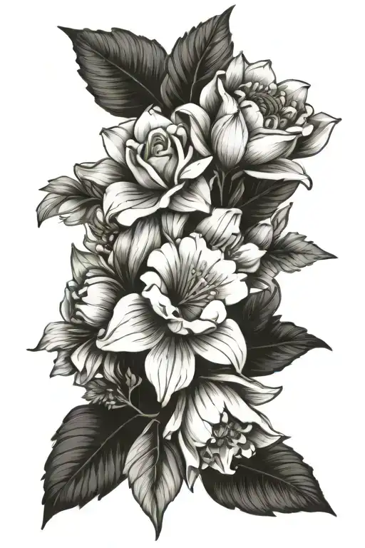 December birth flower, may birth flower, and april birth flower bouquet tattoo design idea