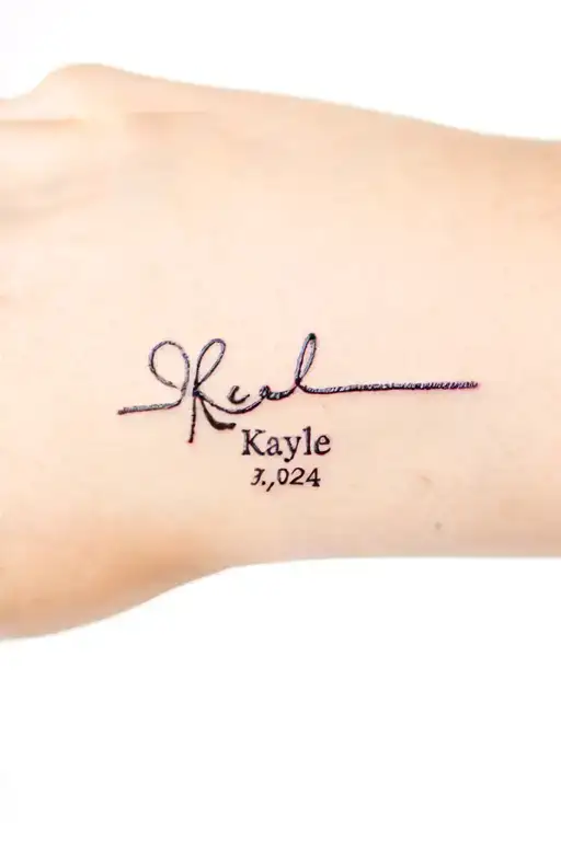 Kaylee with the date 1/3/2024 in Roman numerals tattoo design idea