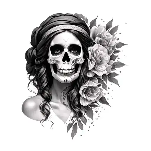 Beautiful greek woman with half skull face tattoo design idea