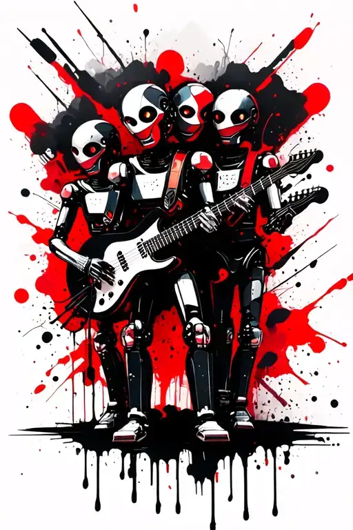 full humanoid robots rock band with their instruments tattoo design idea
