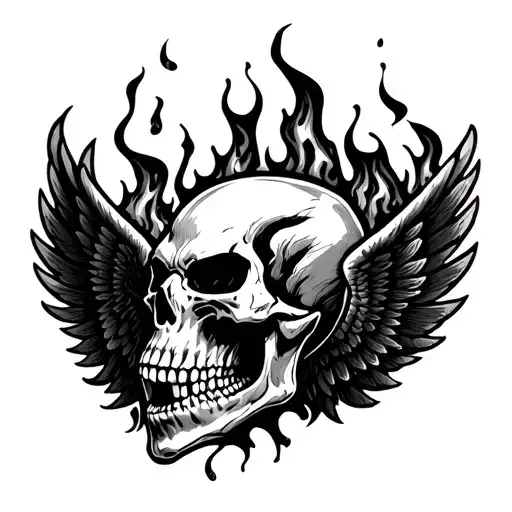 angry skull wings and fire flames tattoo design idea