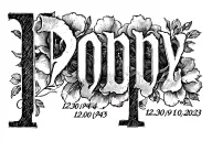 "Poppy 12/30/1945-9/10/2023" grandpas death date tattoo in italian font tattoo design idea
