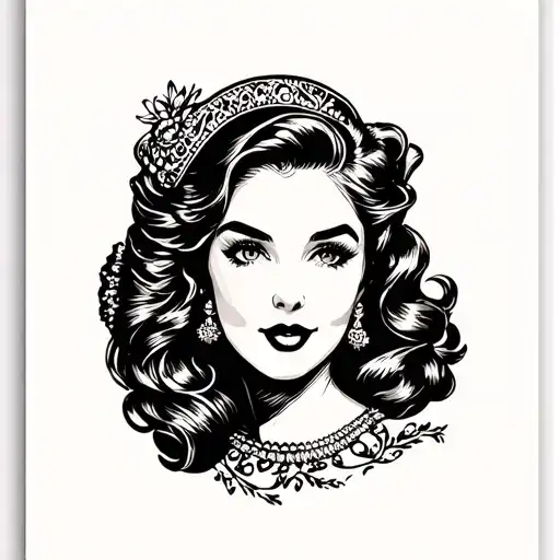 Beautiful women's face in American traditional style, should look like a flashset from the 1950s. hard shadow, tattoo design idea