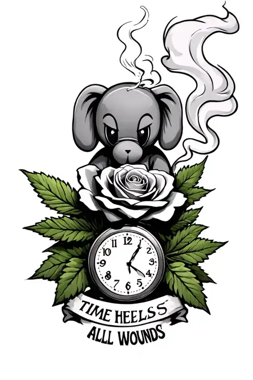 Kaws smoking weed on top of a rose and clock on the bottom saying time heals all wounds tattoo design idea