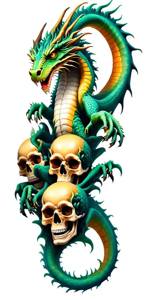 dragon crawling up mountain of skulls tattoo design idea