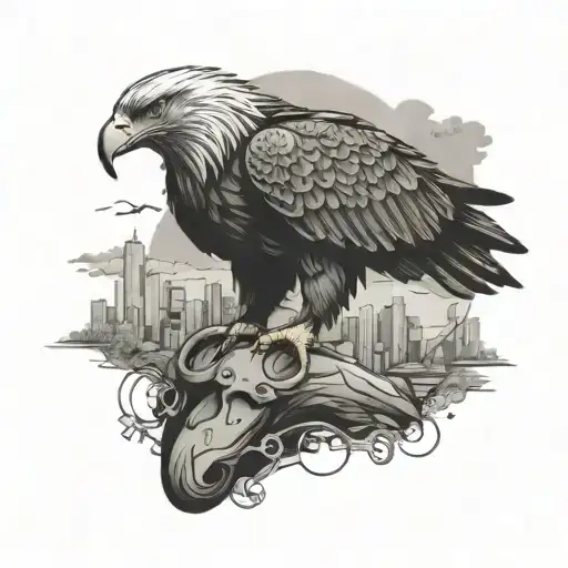 Man on mountain in handcuffs, looking at the city. Eagle flies by and tears the handcuffs. freedom tattoo design idea