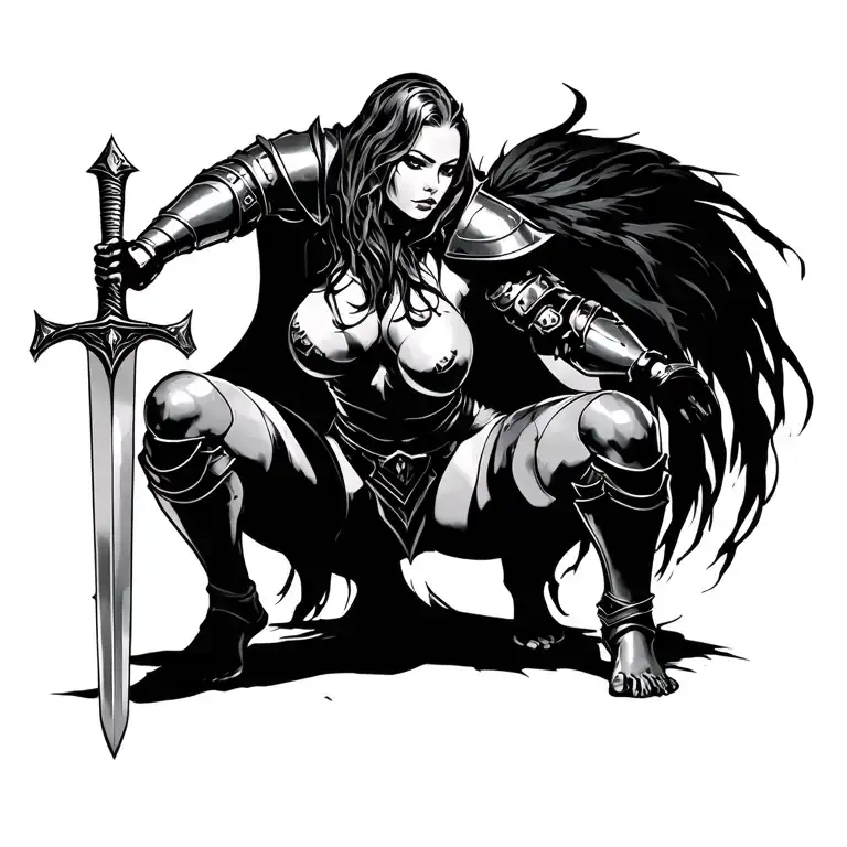 sexy female knight, big breasts, thick thighs, on knees, holding sword, Two arms, Two legs  tattoo design idea