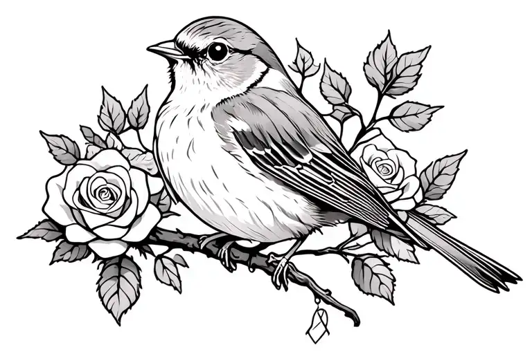 Robin sitting on branch with roses around it with a cancer ribbon hanging on the branch tattoo design idea