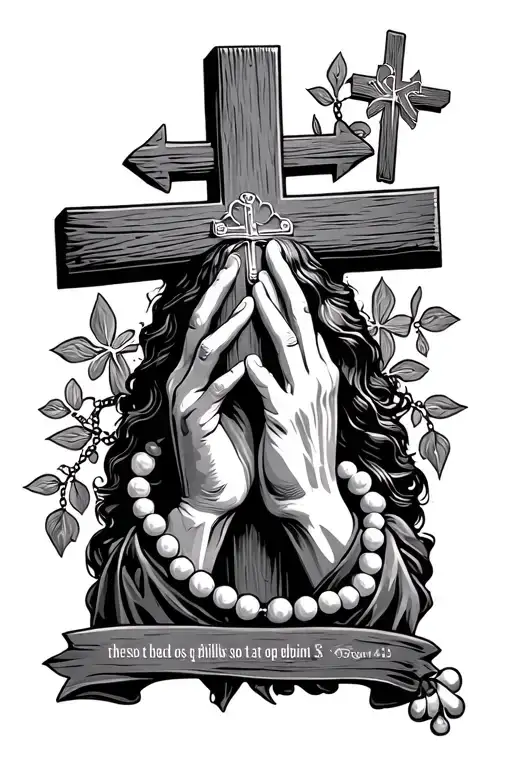 rossary beads with praying hands, the 3 crosses when Jesus died, 3 rossses behind all of it bible verse phillpains 4:13 tattoo design idea