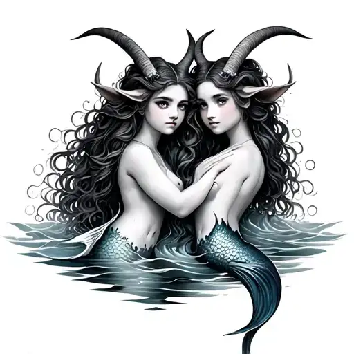 twin mermaids with goat horns in water waves tattoo design idea