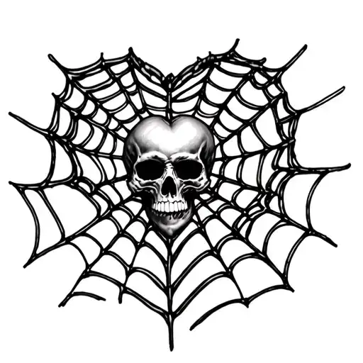 black and white heart shaped spider web with skull tattoo design idea