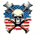 skull with axes crossed behind it and a torn faded American flag tattoo design idea