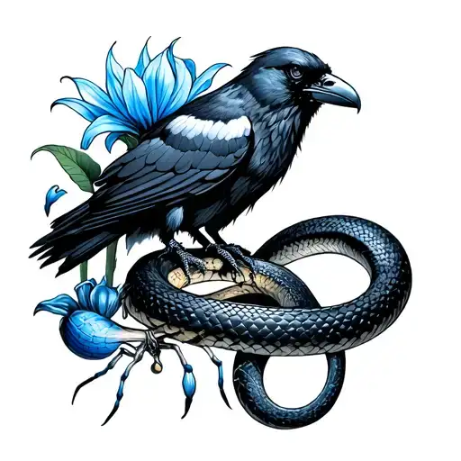 Nordic Raven protecting snake that's wrapped around a blue spider Lilly  tattoo design idea
