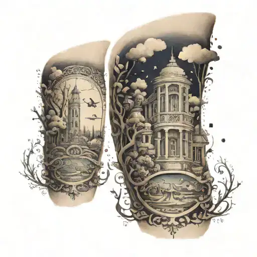 A detailed sleeve tattoo featuring symbols of fatherhood, spirituality, and your hometown of Anderson 765 tattoo design idea