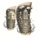 A detailed sleeve tattoo featuring symbols of fatherhood, spirituality, and your hometown of Anderson 765 tattoo design idea