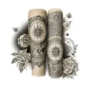 A detailed sleeve tattoo featuring symbols of fatherhood, spirituality, and your hometown of Anderson 765 tattoo design idea