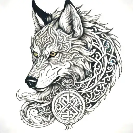 A fenrir perched on runes with intricate line work, and viking rune patterns woven into fur. long shaped tattoo design idea
