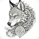A fenrir perched on runes with intricate line work, and viking rune patterns woven into fur. long shaped tattoo design idea