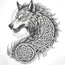 A fenrir perched on runes with intricate line work, and viking rune patterns woven into fur. long shaped tattoo design idea