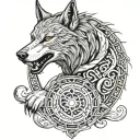 A fenrir perched on runes with intricate line work, and viking rune patterns woven into fur. long shaped tattoo design idea