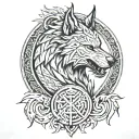 A fenrir perched on runes with intricate line work, and viking rune patterns woven into fur. long shaped tattoo design idea