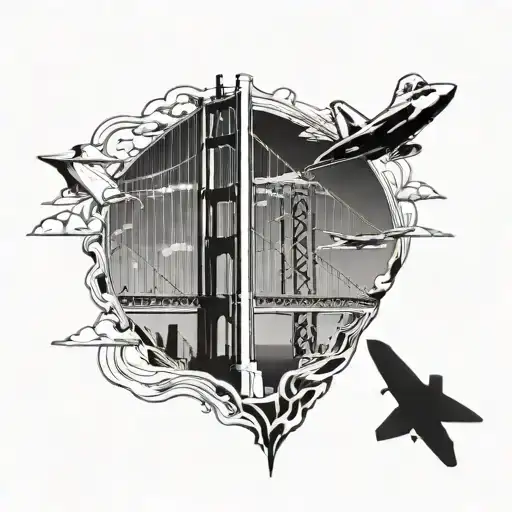 Golden Gate Bridge with f-22 raptor fighter jet tattoo design idea