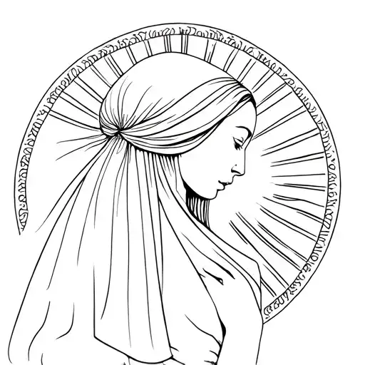 women wearing long veil on head, facing the side slightly with prayer hands and sun rays around head  tattoo design idea